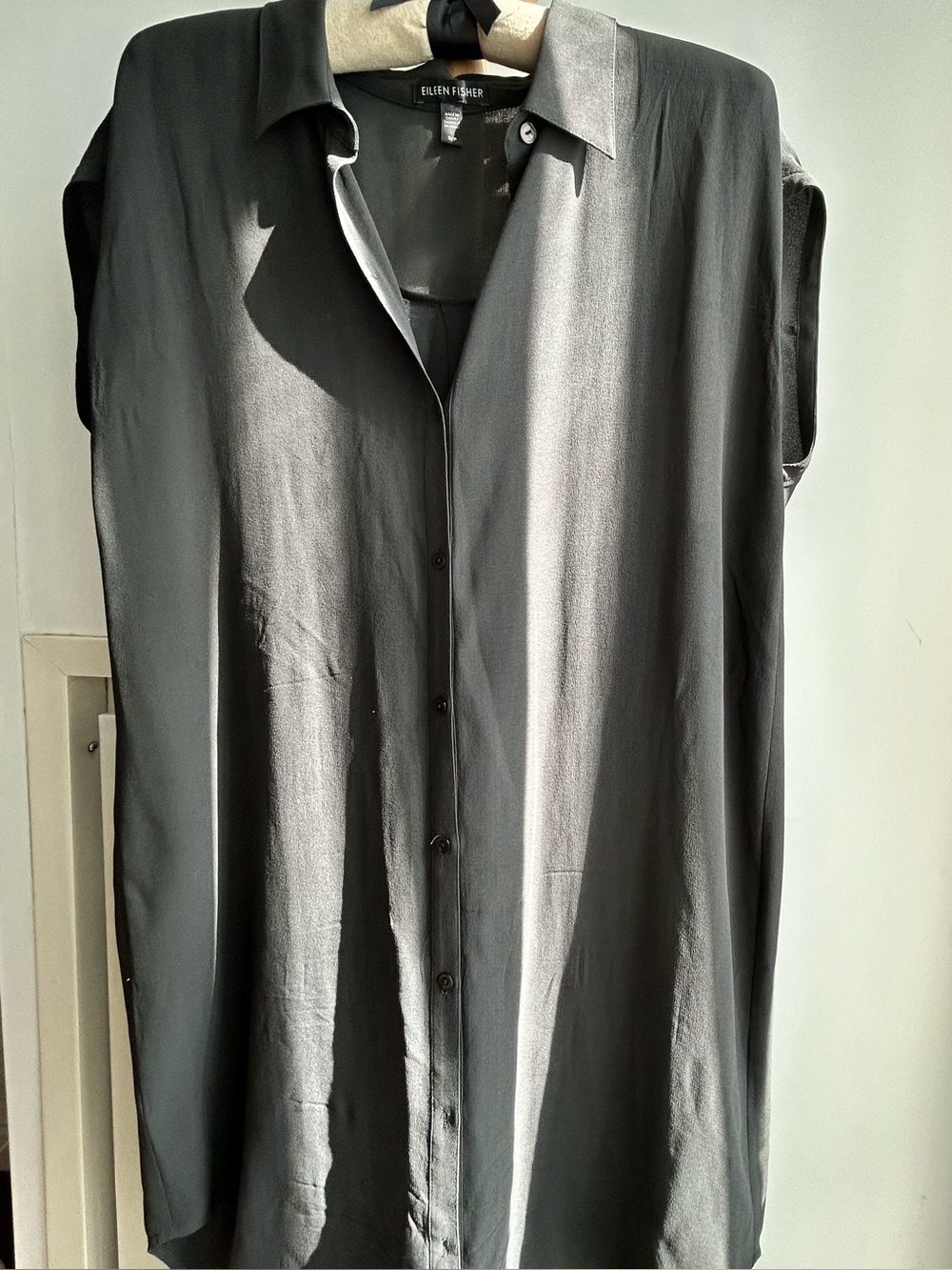 Eileen Fisher Women’s Silk Charcoal Grey Button-Down Shirt Dress with Cap Sleeve